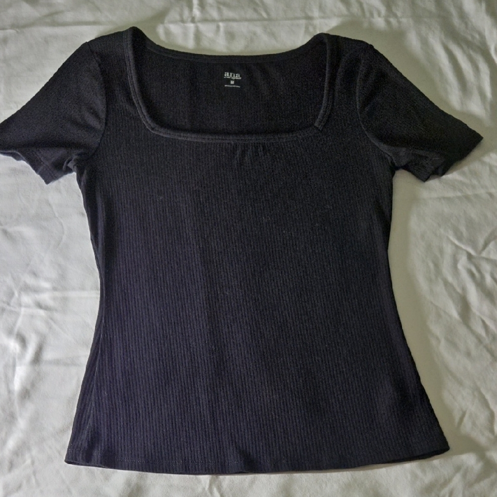 a.n.a Black Fitted Ribbed Short Sleeve Top